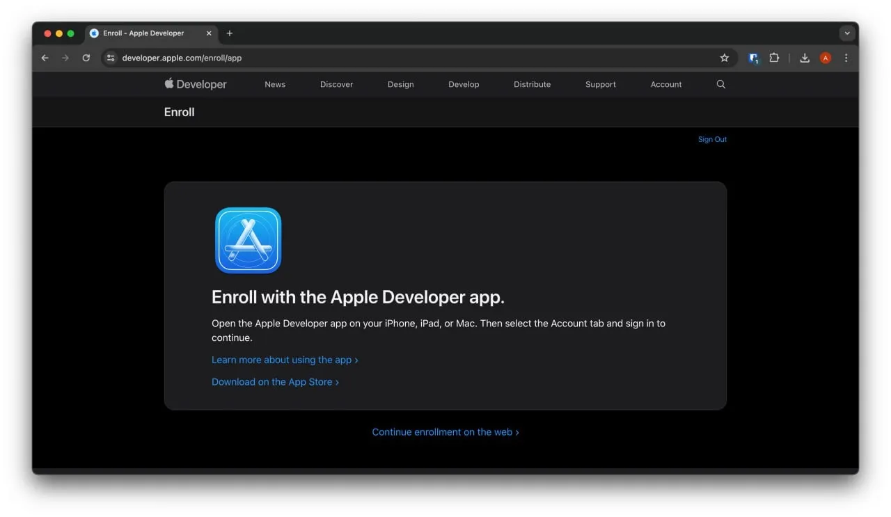 Apple enrollment - continue to web