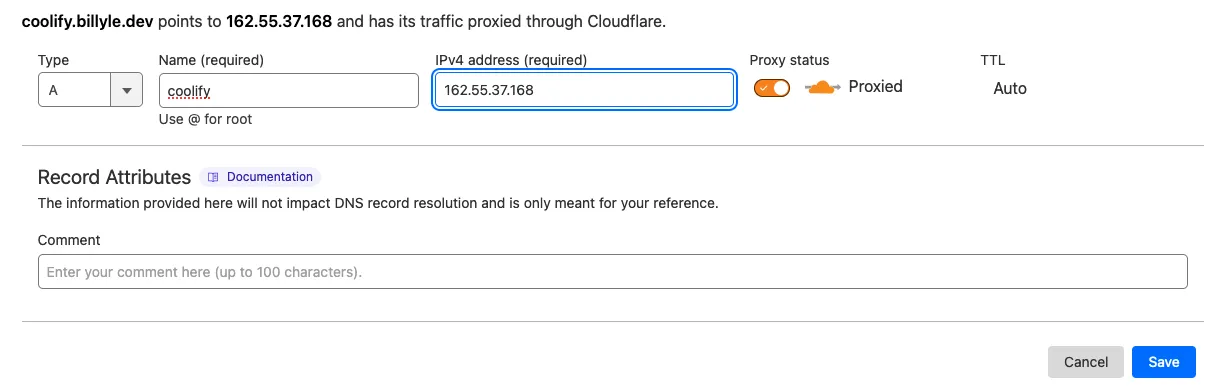 creating Coolify instance DNS record