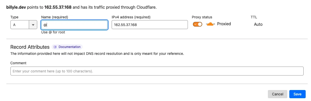 entering DNS record for custom domain