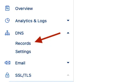 navigation menu showing how to get to Cloudflare's DNS records management