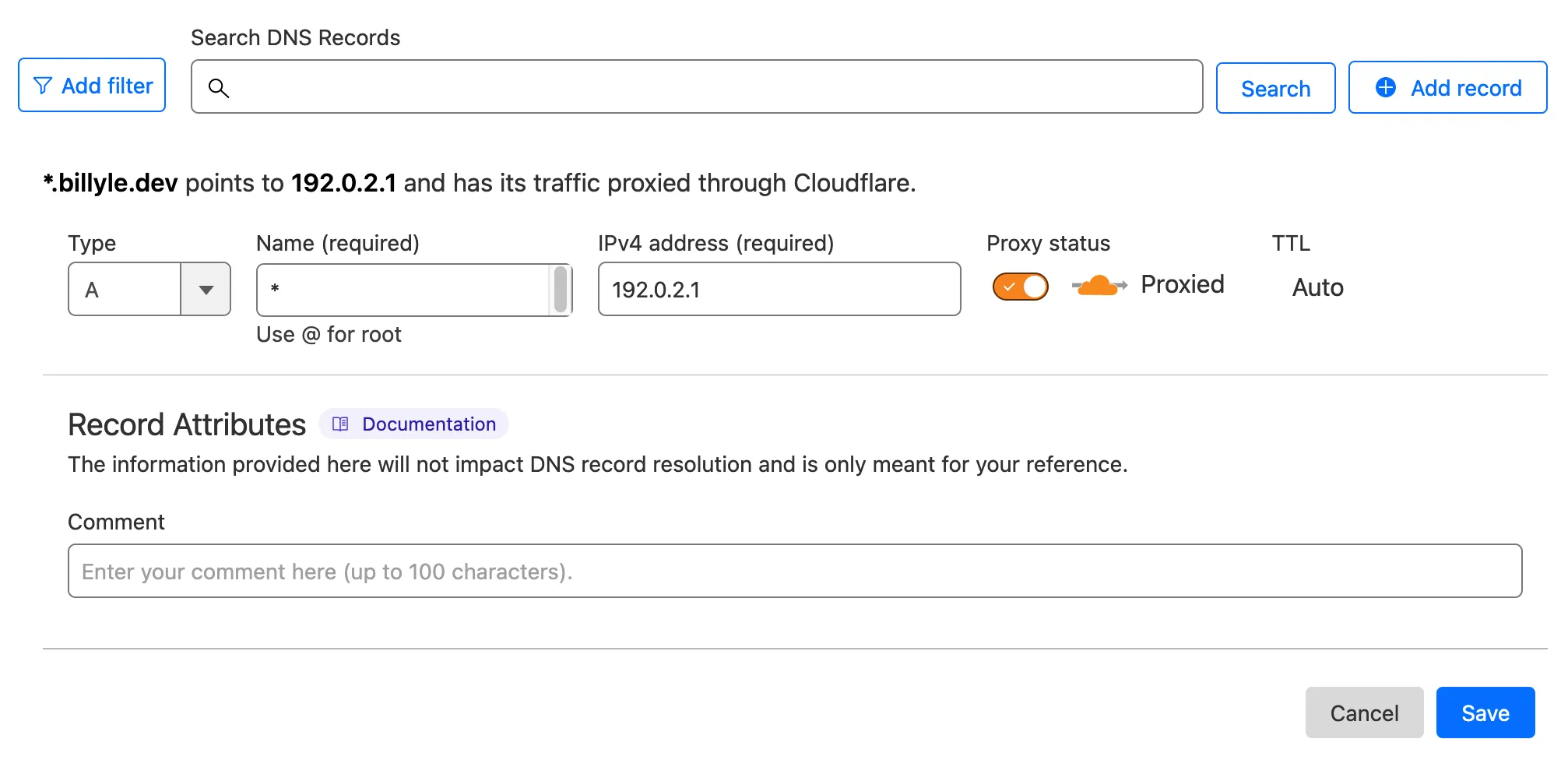 adding an A record for subdomain wildcards
