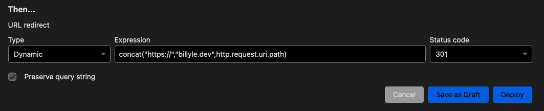 dynamic redirect expression with status code 301