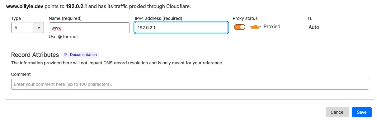entering DNS record for ipv4