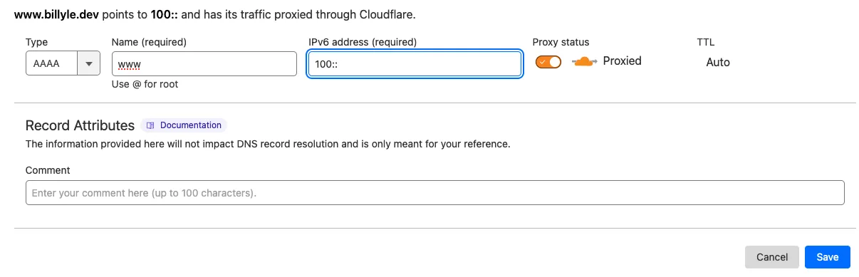 entering DNS record for ipv6