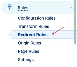 navigation menu showing how to get to Cloudflare's redirect rules
