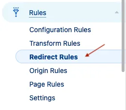 navigation menu showing how to get to Cloudflare&#x27;s redirect rules