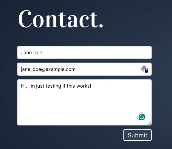 contact form filled to test integration