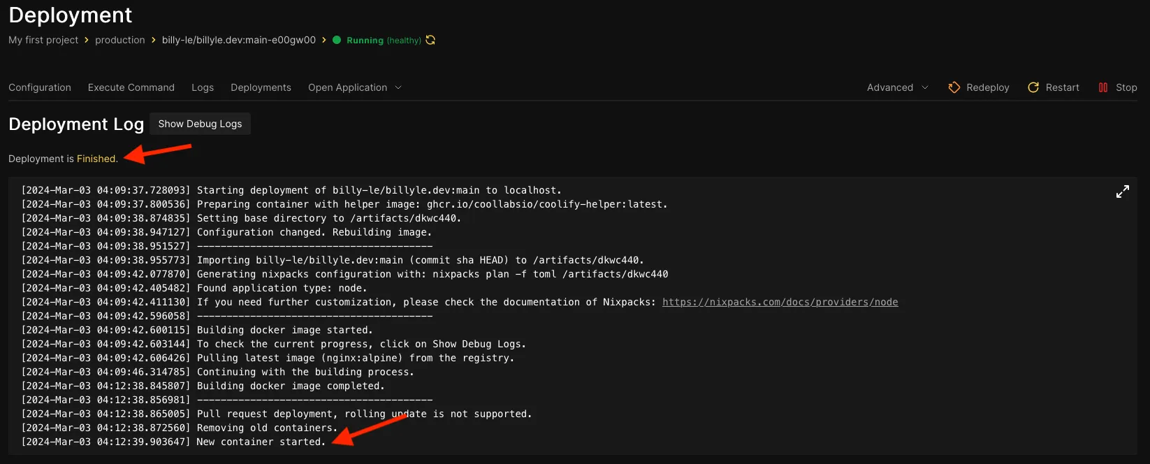 Coolify's deployment page