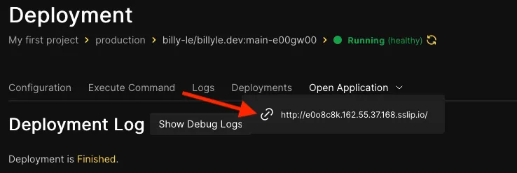 opening deployment application on Coolify