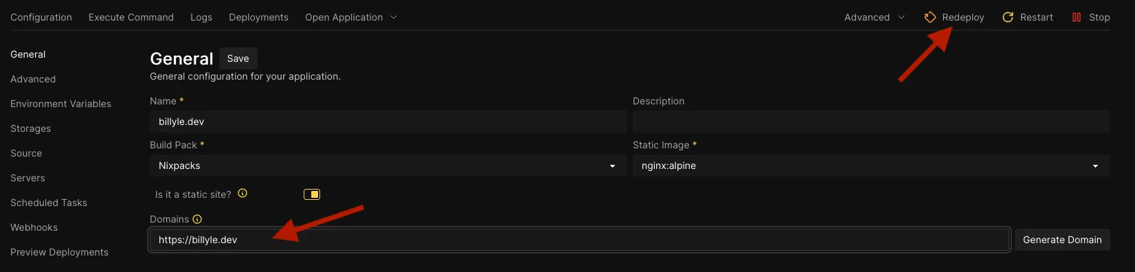 configuring custom domain in Coolify's application configuration page