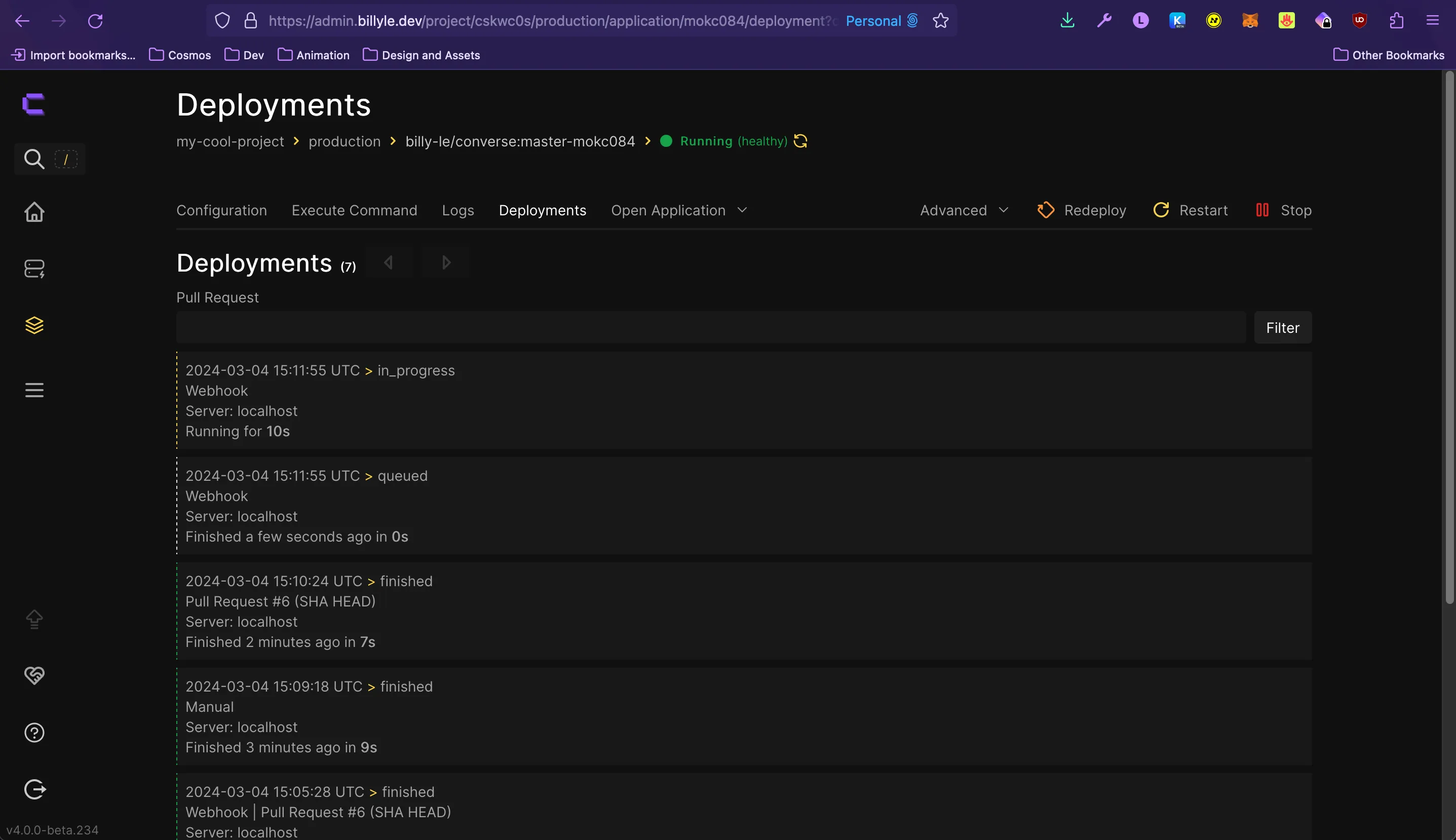 a list of all deployment builds