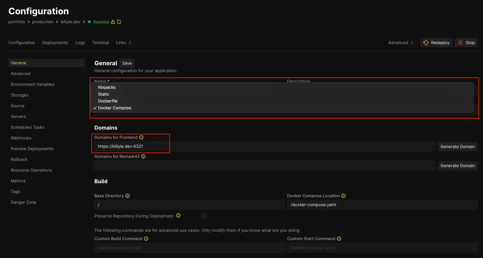 configuring project for docker compose in coolify
