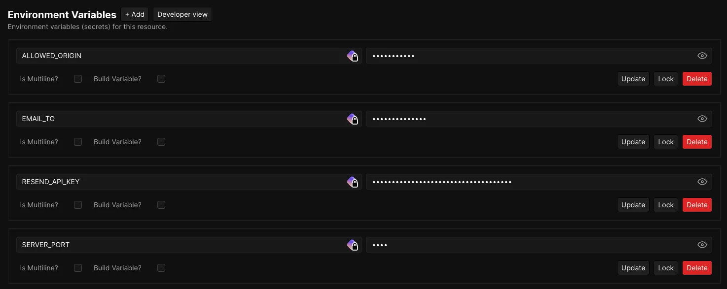 Coolify environment variables page
