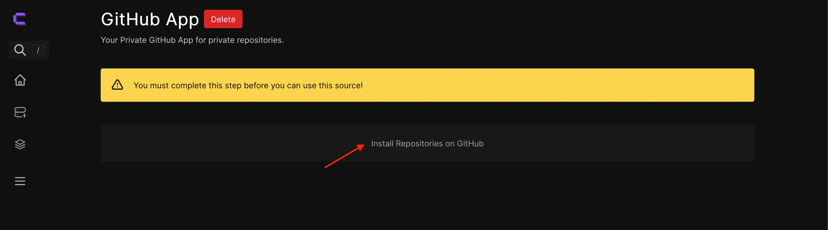 screen that shows the GitHub app with an install repositories button