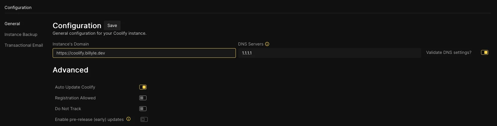 configuring Coolify's setting to point to the domain