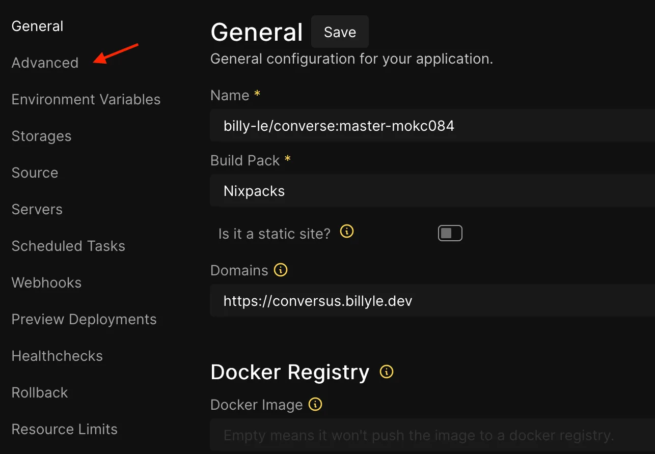 navigation to the advanced settings page