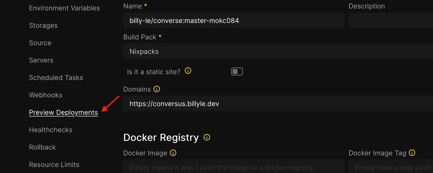 an arrow showing where to navigate to the preview deployments