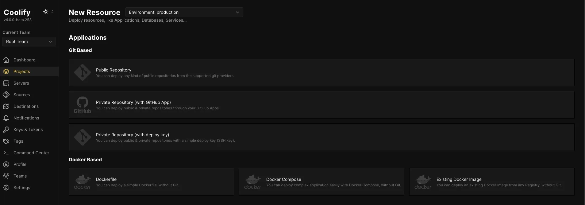Creating a new resource in Coolify