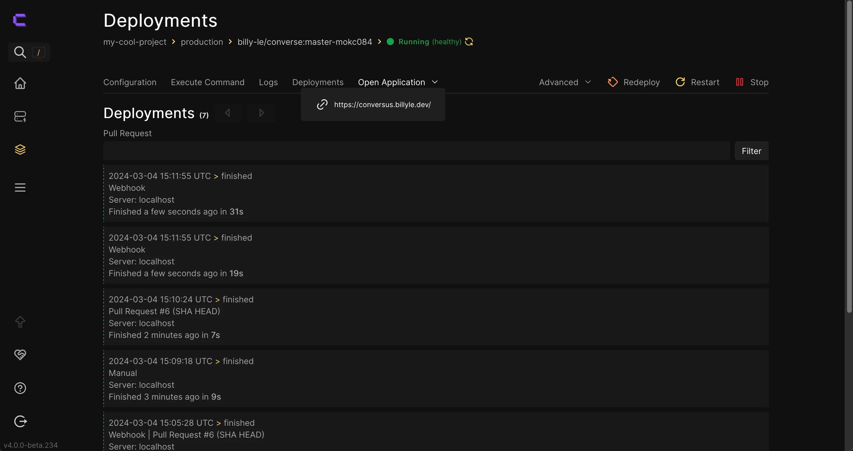 deployment list of previous or ongoing builds