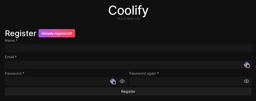 Coolify onboarding registration form