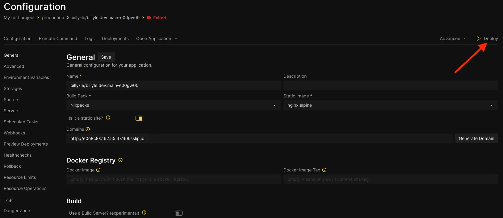 Coolify's application configuration page