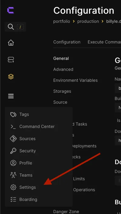 navigation menu showing how to get to Coolify's settings page