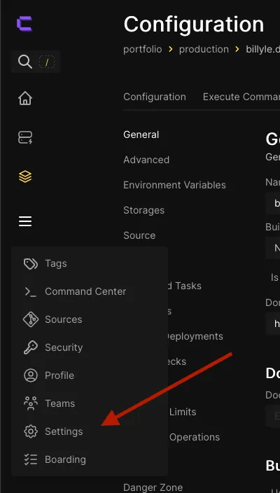 navigation menu showing how to get to Coolify&#x27;s settings page