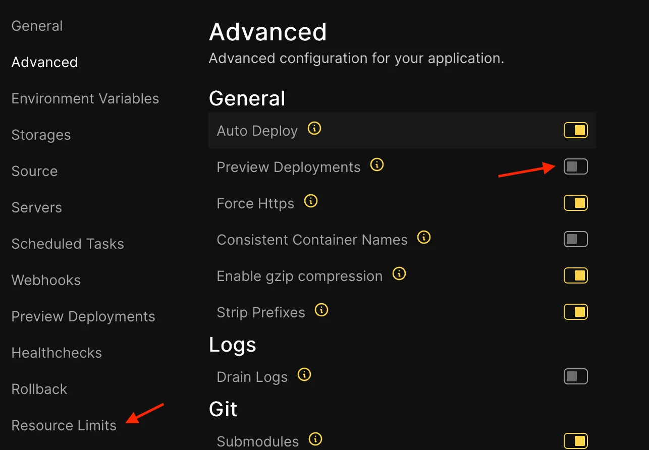 navigation to the advanced settings page