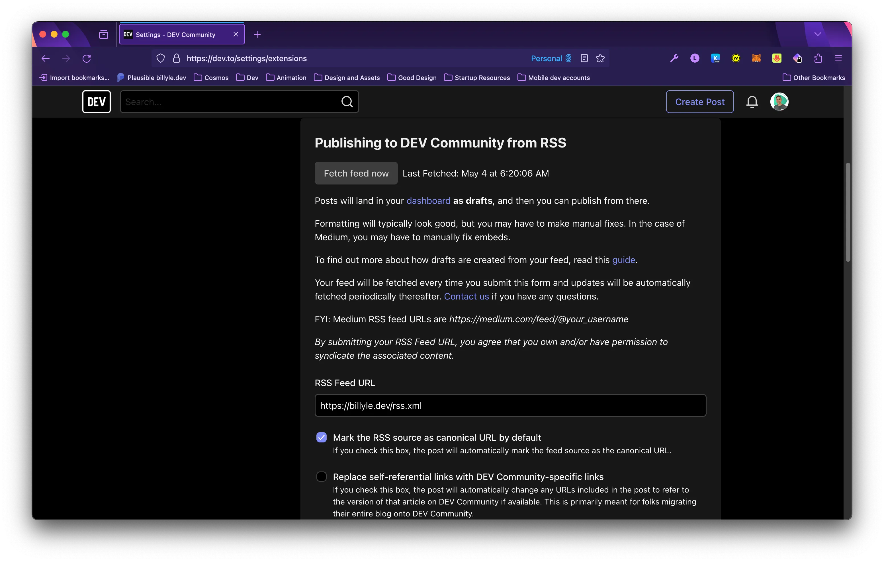 Add RSS feed in dev.to settings