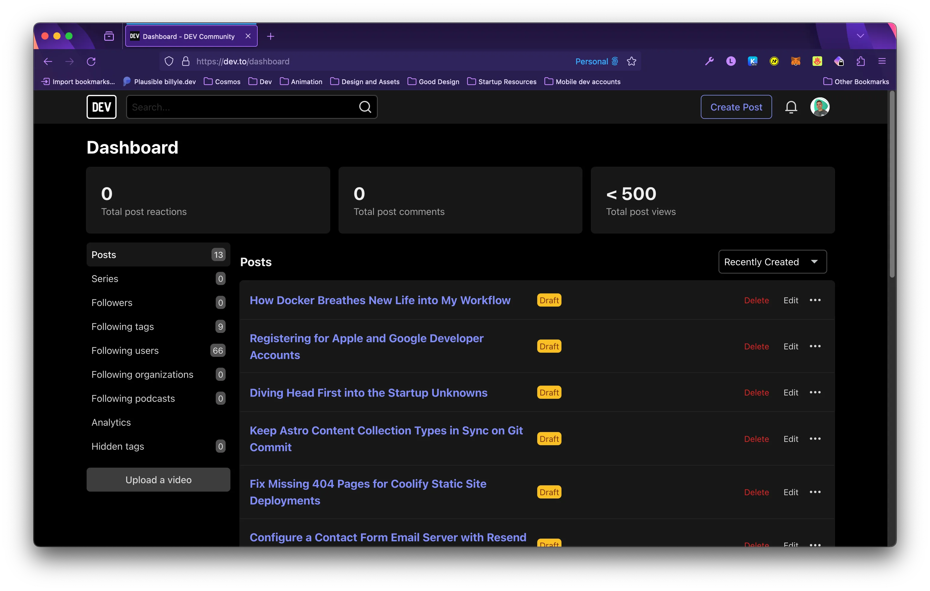 Dev.to dashboard showing draft posts