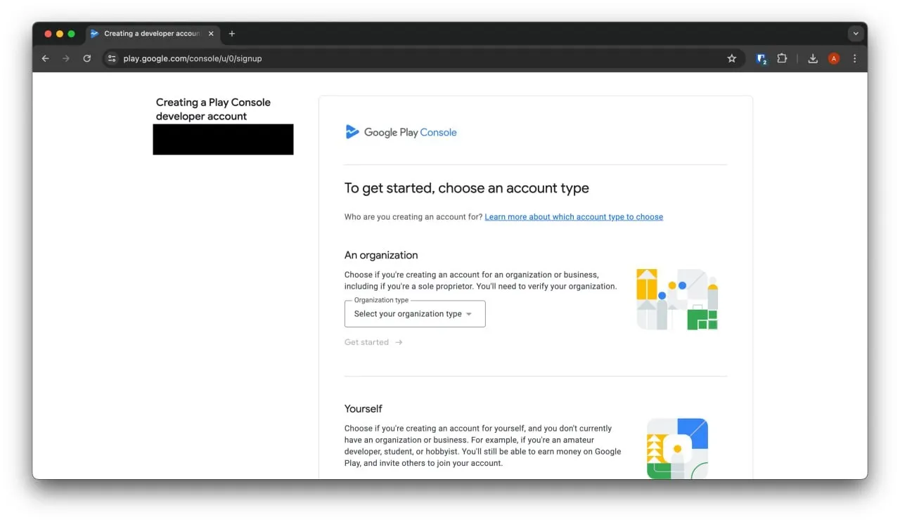 Google Play Console - Get Started page
