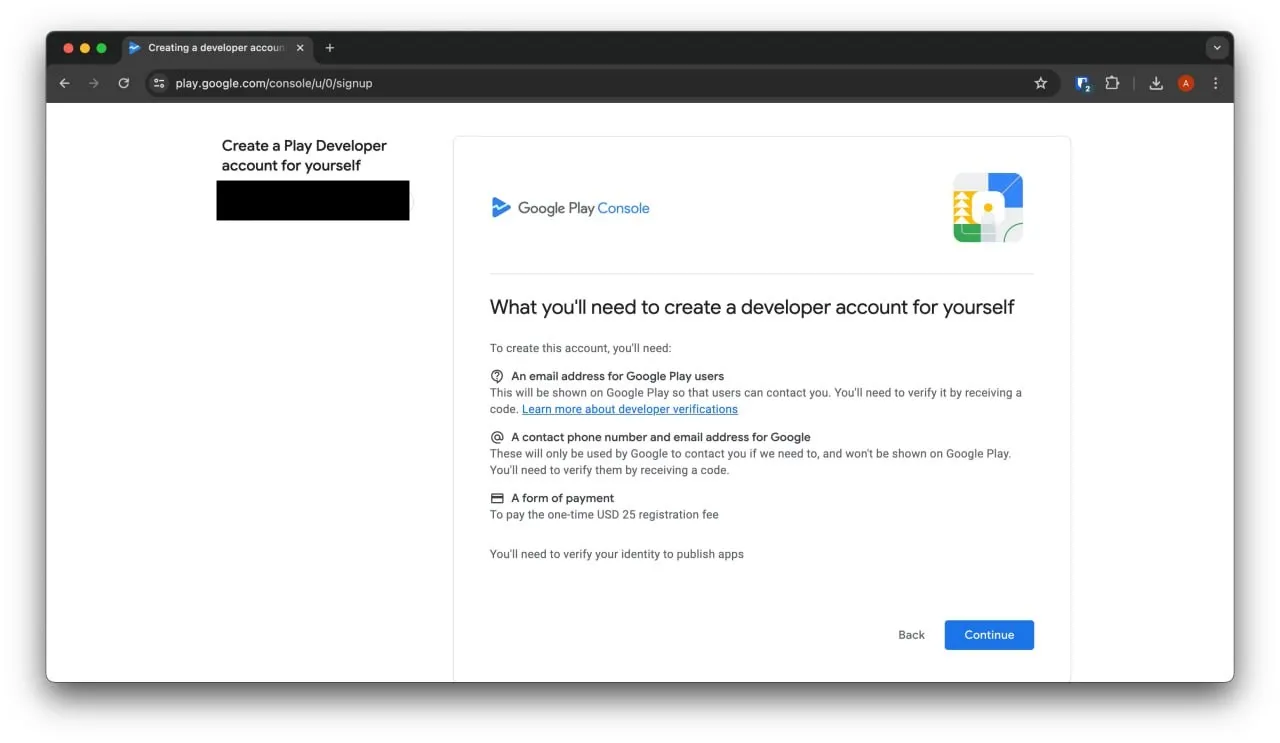 Requirements to create a Google Play Developer account