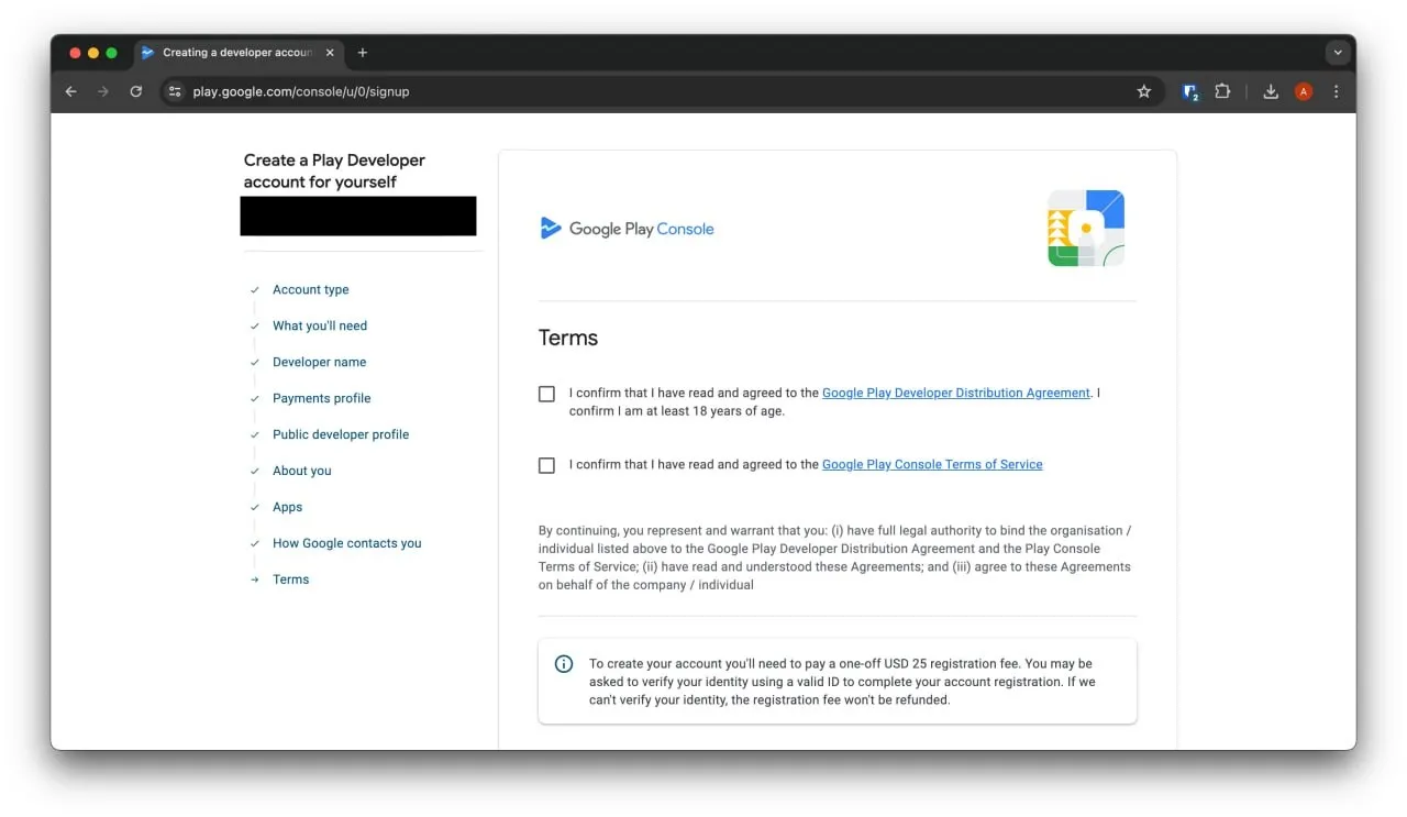Google Play Console - Terms page