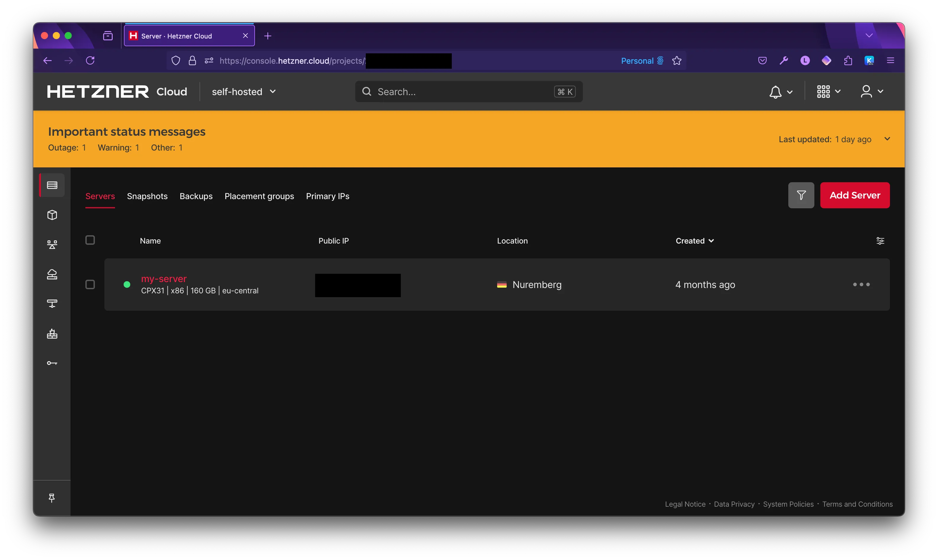 Hetzner Cloud Console - Server