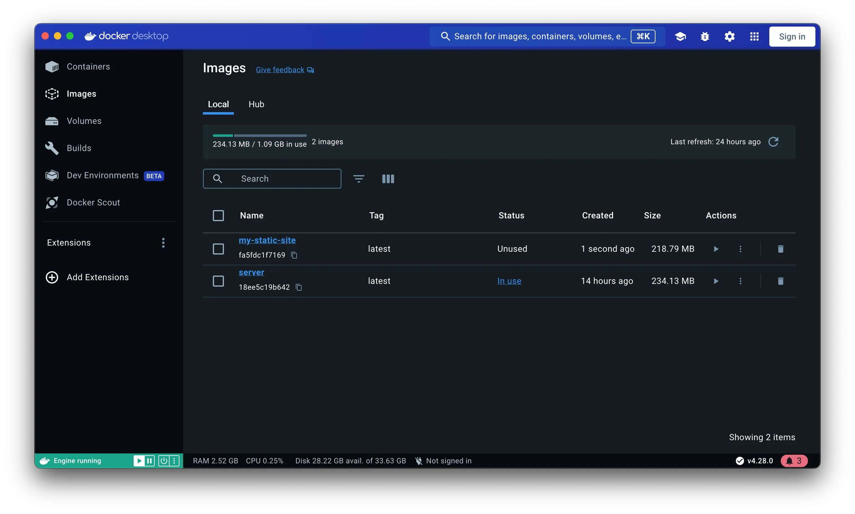 The completed my-static-site image in Docker Desktop