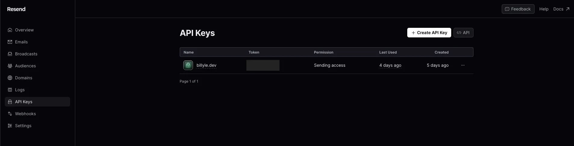 Resend API Keys page