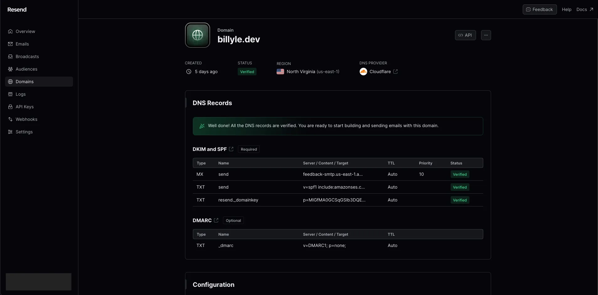 Resend Domains DNS records