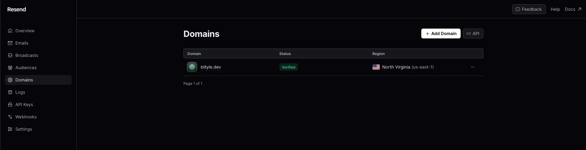 Resend Domains page