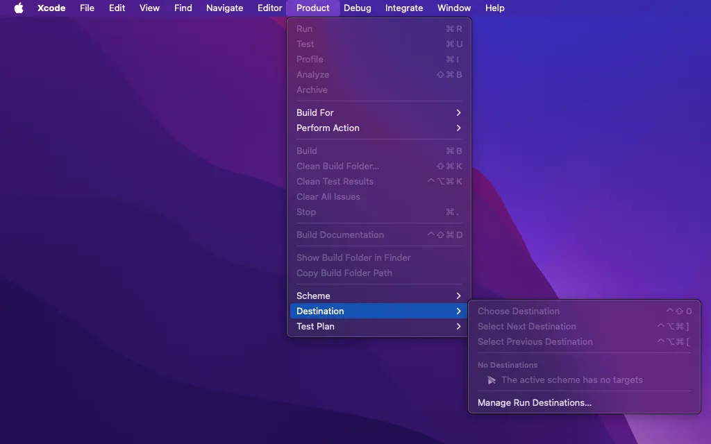 menu navigation to "manage run destinations"